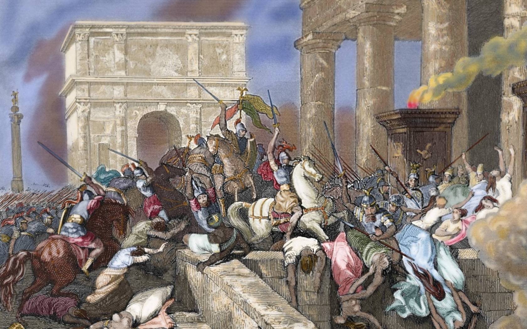 Engraving of the Sack of Rome by the Visigoths led by Alaric I in 410, during the reign of Emperor Honorius.