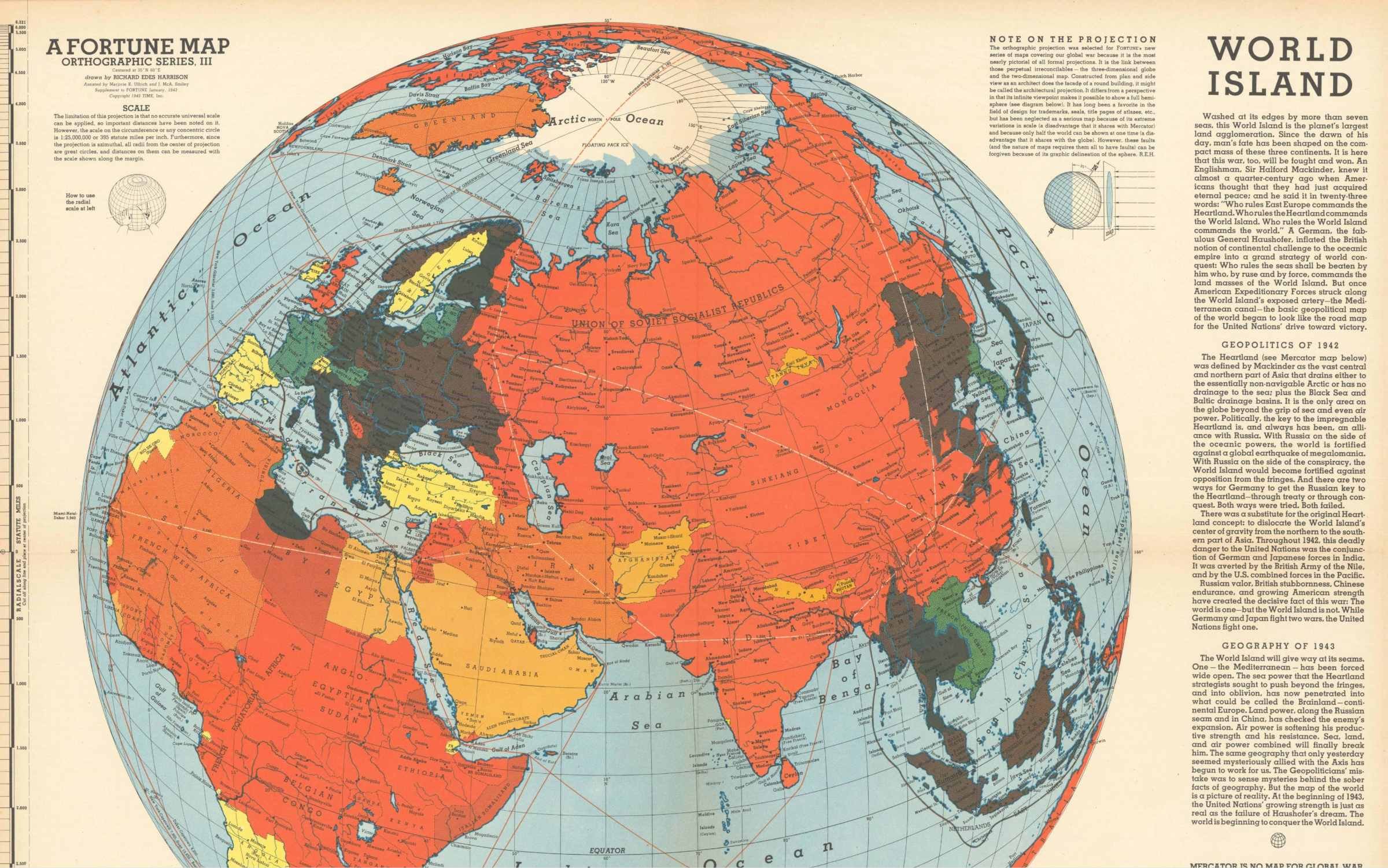 A 'World Island' map by Richard Edes Harrison, showing the geopolitical positions of the Allies and Axis powers in 1943.