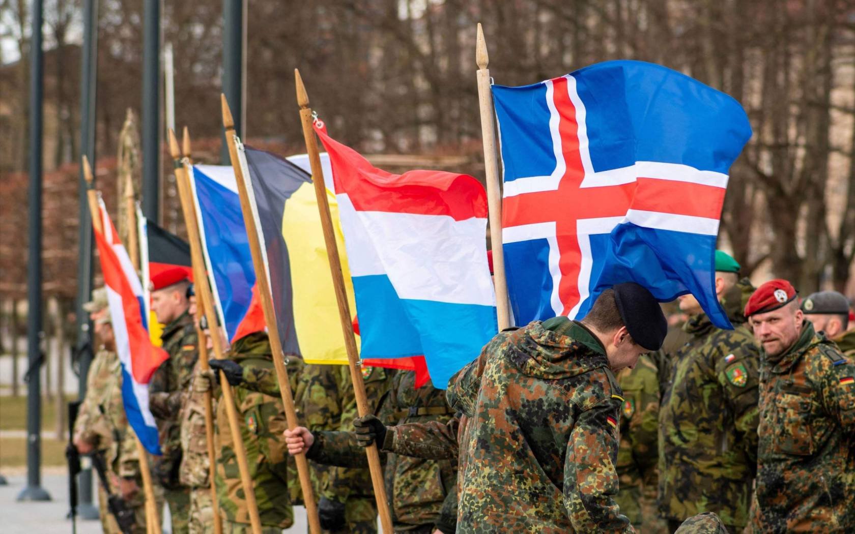 Flags of various European countries members of a NATO force integration unit in Vilnius, Lithuania, 29 March 2022.