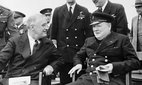 Franklin Delano Roosevelt and Winston Churchill aboard HMS Prince of Wales for the 1941 Atlantic Charter meeting.