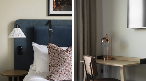 Detaljbilder på dekorkuddar, sänggavel och skrivbord