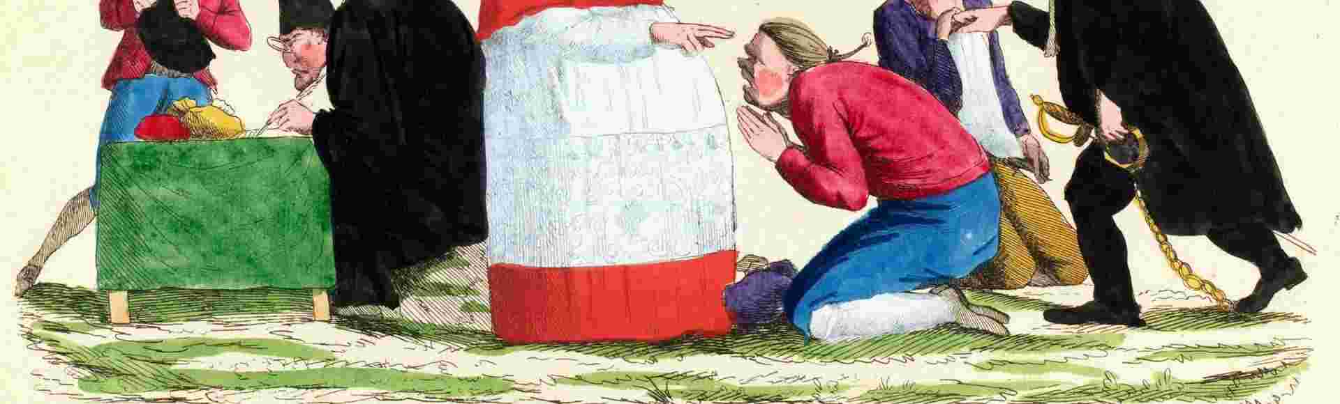 Hand-coloured 18th-century etching of a French peasant being blessed by a bishop, pushed down by a nobleman and paying tax to a clerk.