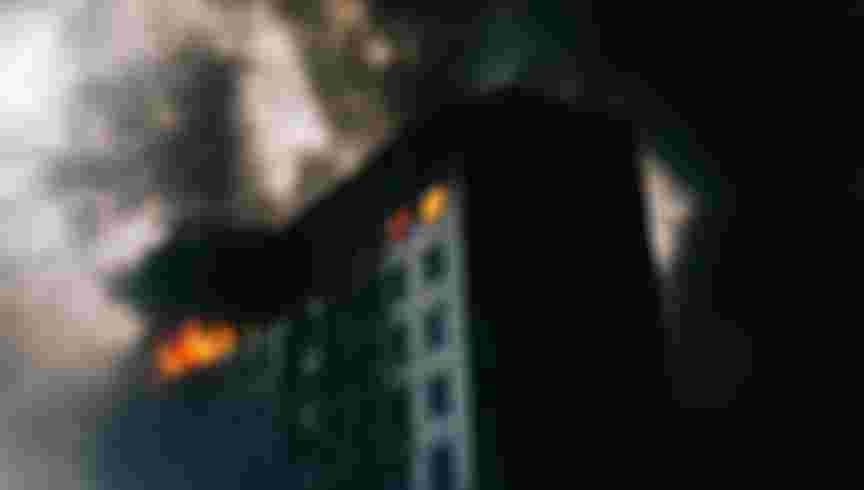 A burning building after bombing in Kyiv, Ukraine, 3rd of March 2022. Credit: manhhai via Flickr