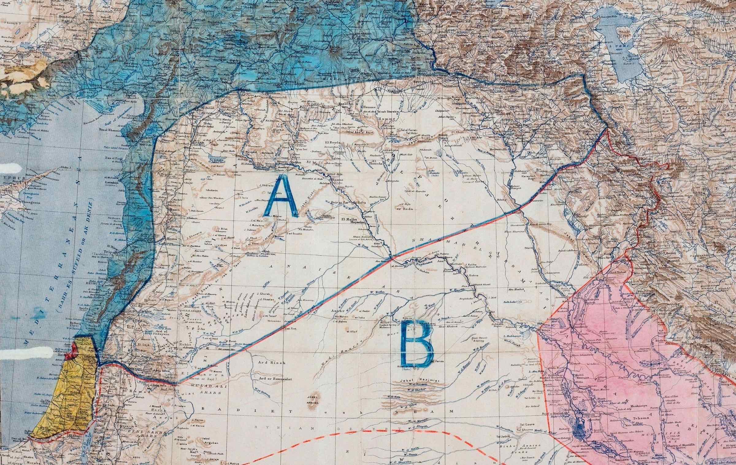 Map of the secret Sykes-Picot agreement, showing the proposed division of the Middle East British and French areas.