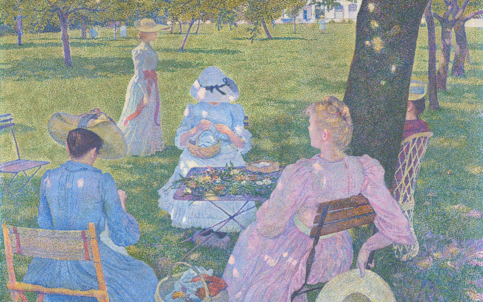 Neo-impressionist painting of women sat at a table in july