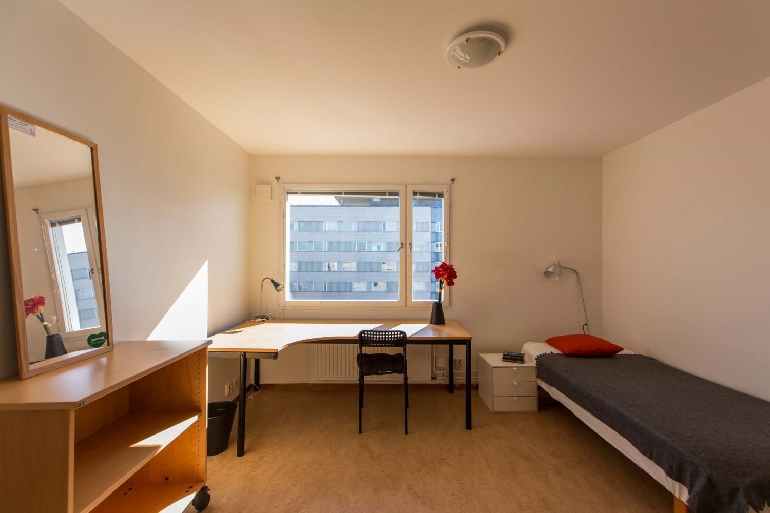 Studentroom with desk, chair, bed, bookshelf and mirror.