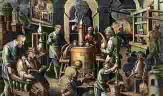 Engraving of an alchemist&#039;s laboratory by Joan Galle.
