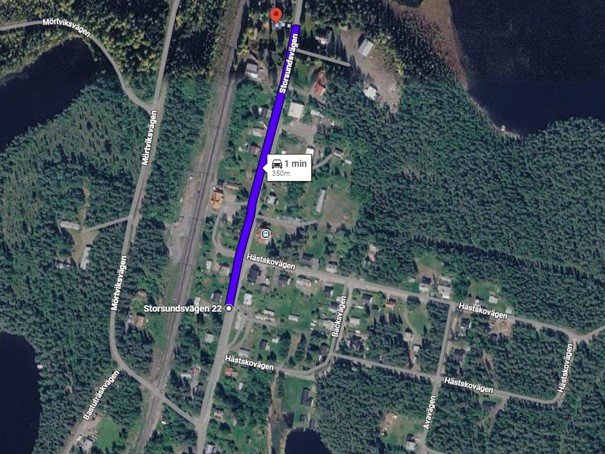 Flygfoto &ouml;ver v&auml;gn&auml;tet vid Storsundv&auml;gen med markerad rutt p&aring; cirka 1 km str&auml;cka genom bostadsomr&aring;de.