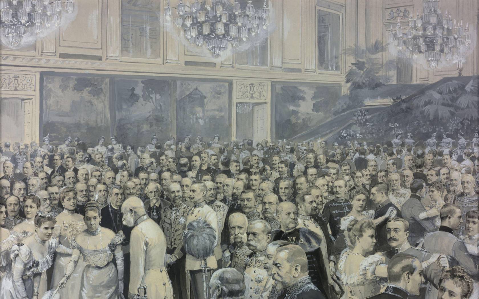 A ball at the Hofburg Palace featuring members of the Austro-Hungarian nobility.