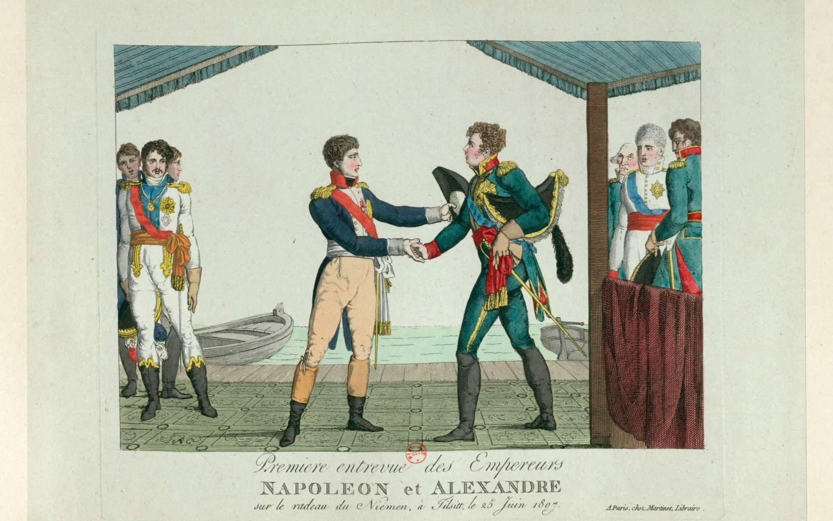 An engraving showing Napoleon I and Alexander I meeting on a raft on the Niemen River at Tilsit on 25 June 1807.