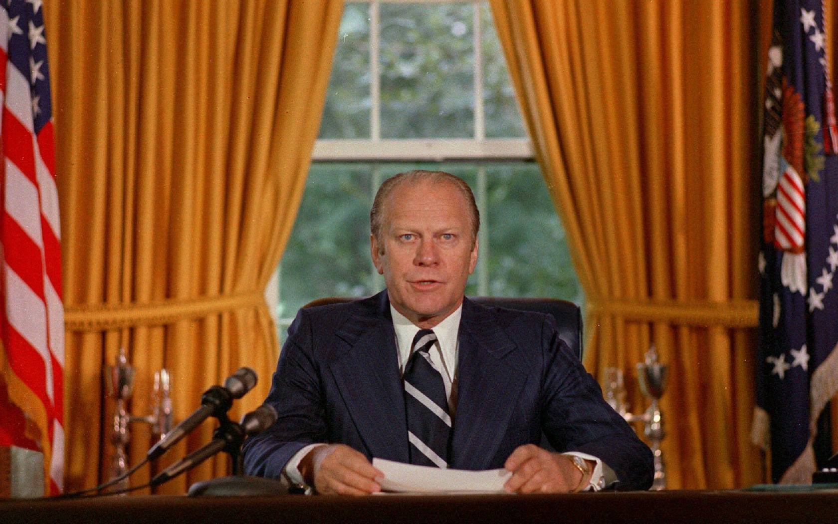 Gerald Ford announcing his decision to pardon Richard Nixon, 1974.