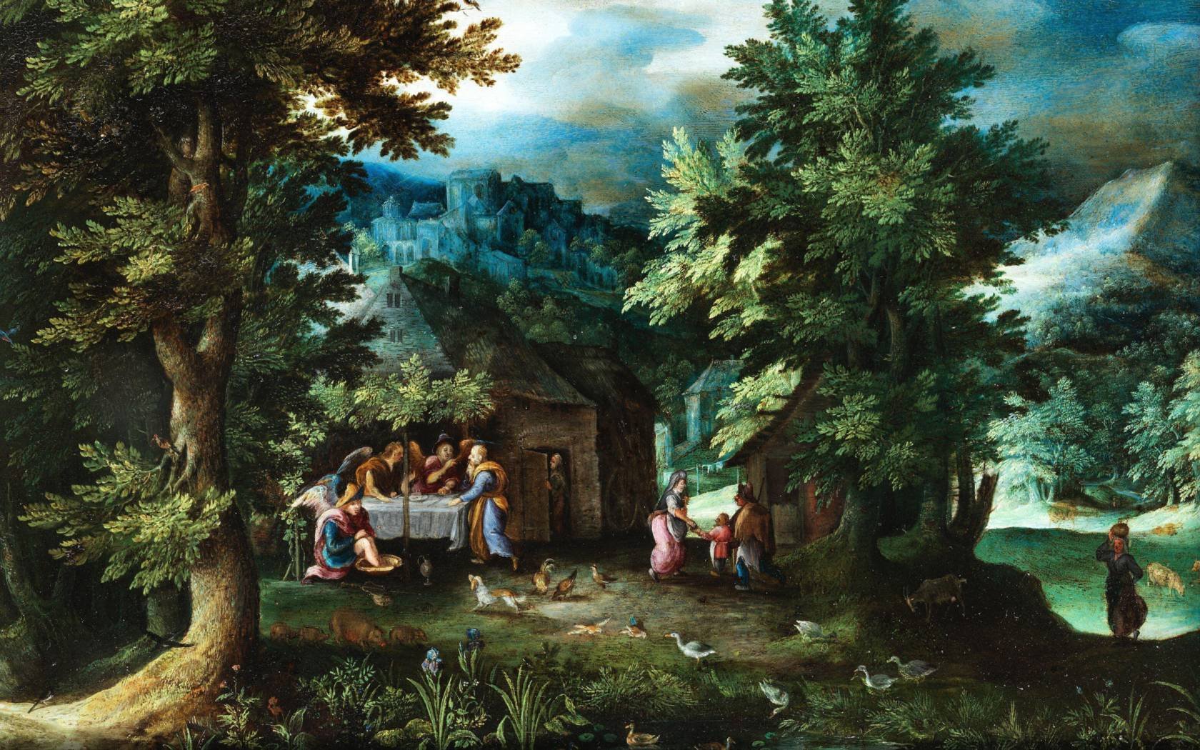 Jan Brueghel the Elder depicts the Biblical scene of Abraham and the three angels at Mamre.