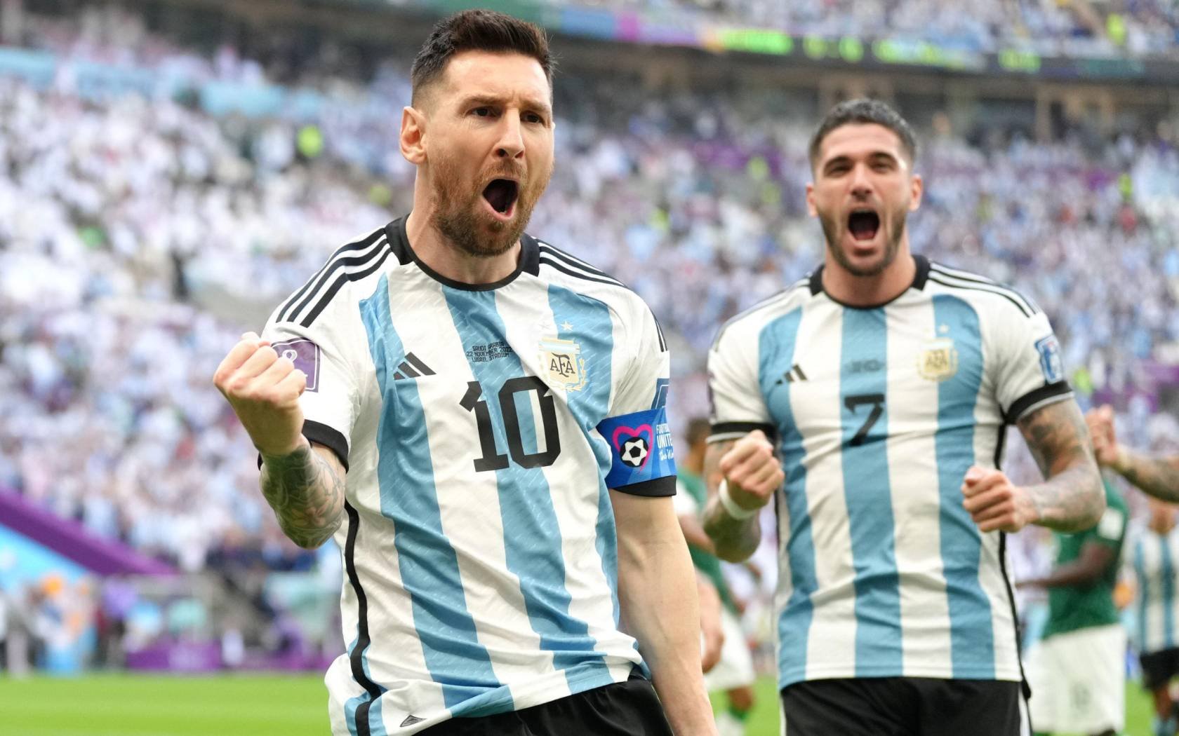 Argentina's Lionel Messi celebrates scoring their side's first goal of the game during the 2022 FIFA World, Qatar. Credit: PA Images / Alamy Stock Photo.