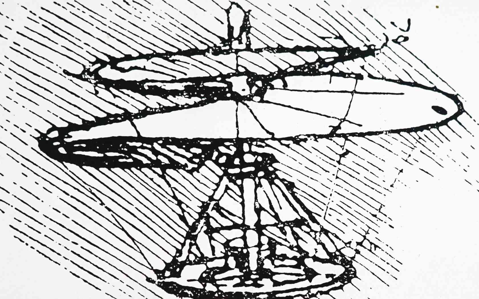 Engraving depicting Leonardo da Vinci's Archimedean screw helicopter. Leonardo da Vinci (1452-1519) was an Italian polymath, artist and inventor. Dated 15th Century.