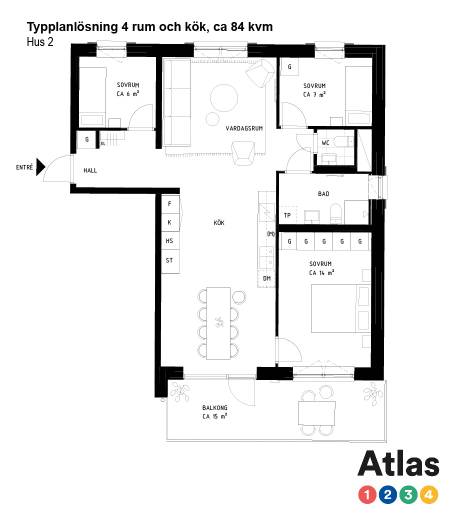 Typplanlösning Hus 2, 4 rum och kök