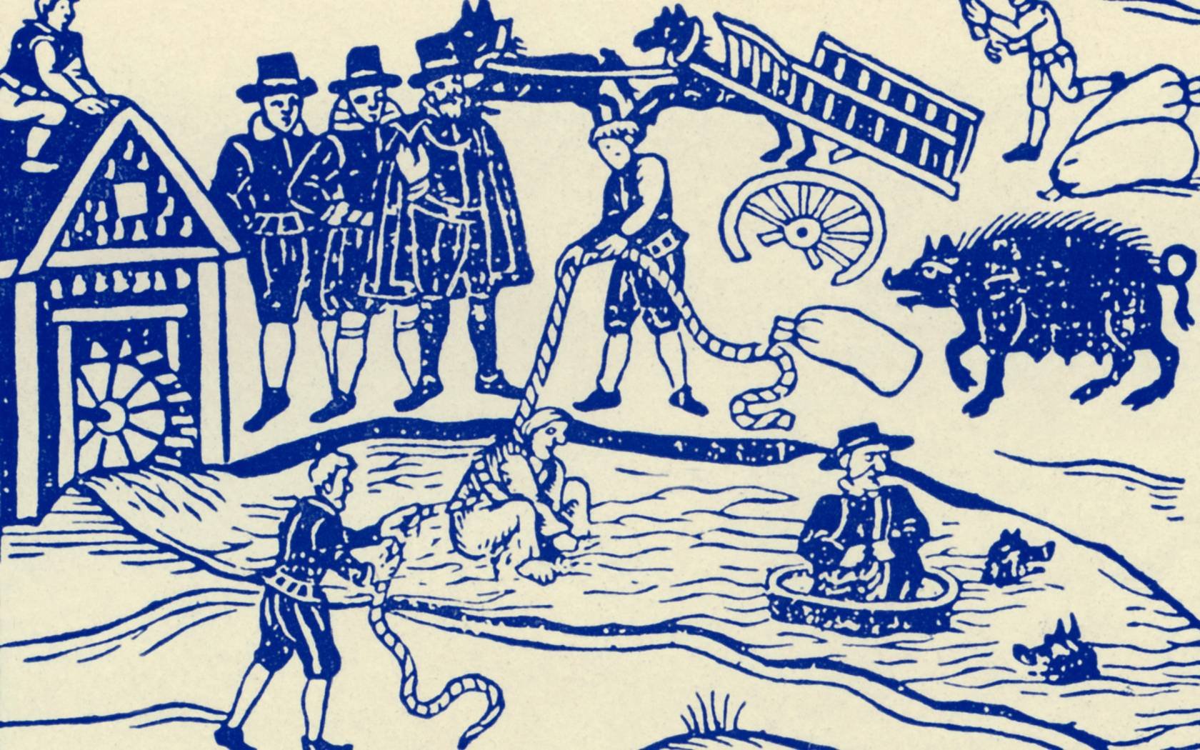 A print of a witchcraft trial.