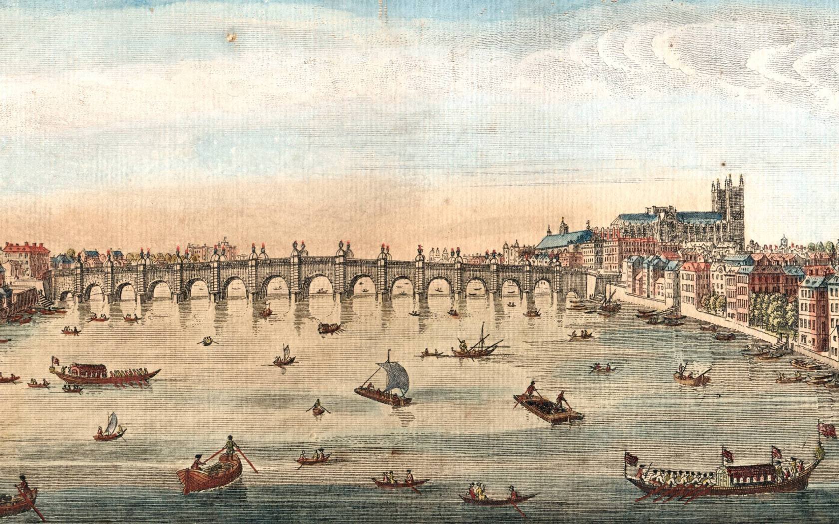 Westminster Bridge, London, 1753. Westminster Abbey is on the right. At this date the Thames was a busy city thoroughfare, as can be seen from the amount of traffic on the river, including two state barges. The bridge was completed in 1750.