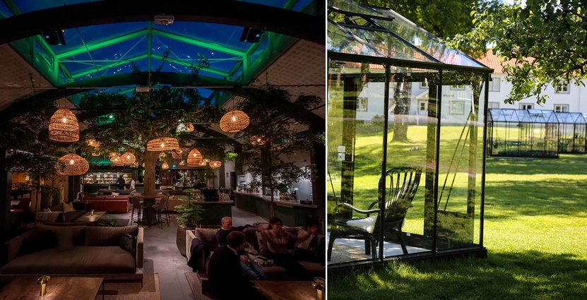 Trädgårdslounge och växthus i rad på Sånga.  Foto: Sånga hotell & konferens