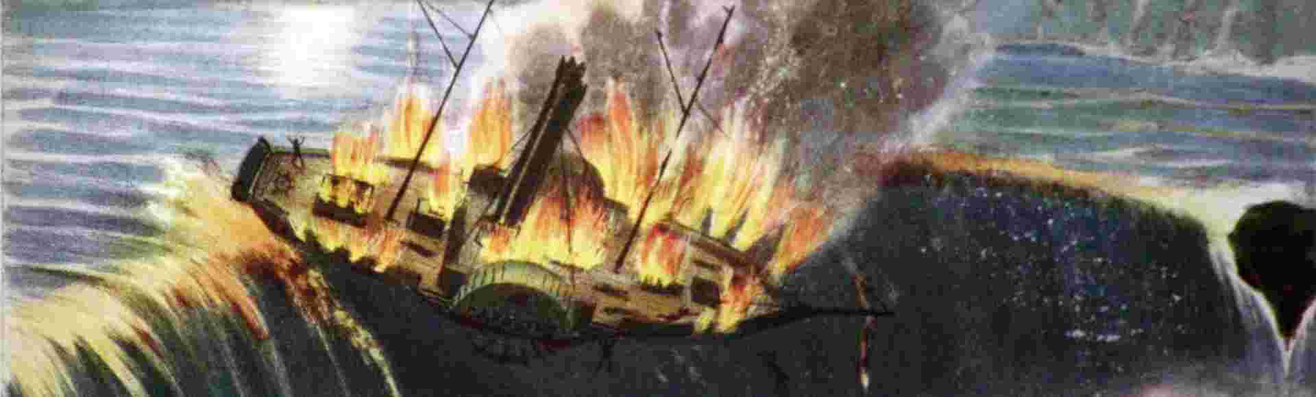 The steamer 'Caroline' drifting over Niagara Falls in 1837.