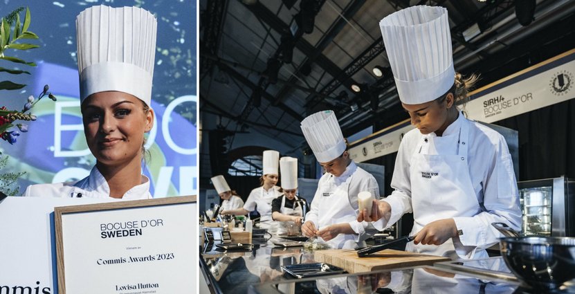 Lovisa Hutton, Sveriges bästa kvinnliga commis 2023, under prisutdelningen och i tävlingsköket på Sweden Commis Award. Foto: Samuel Unéus
