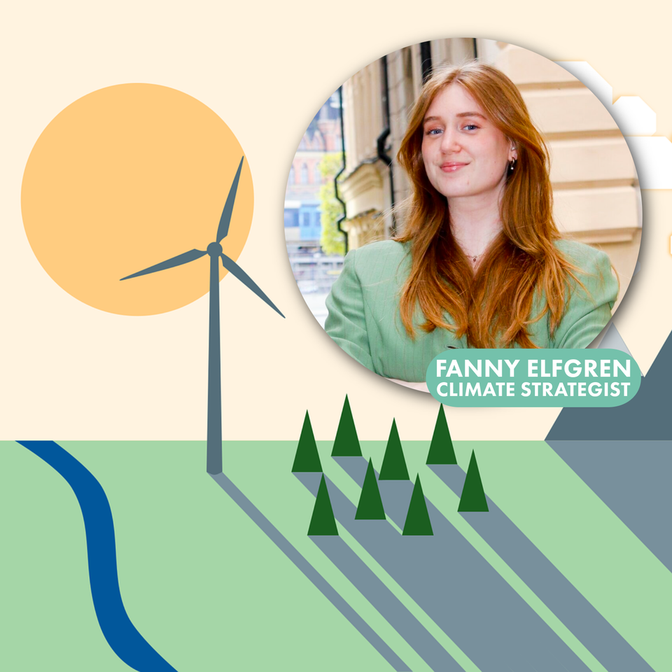 Fanny Eflgren, en kvinna framför en bild på en sol, vinkraftverk och skog.