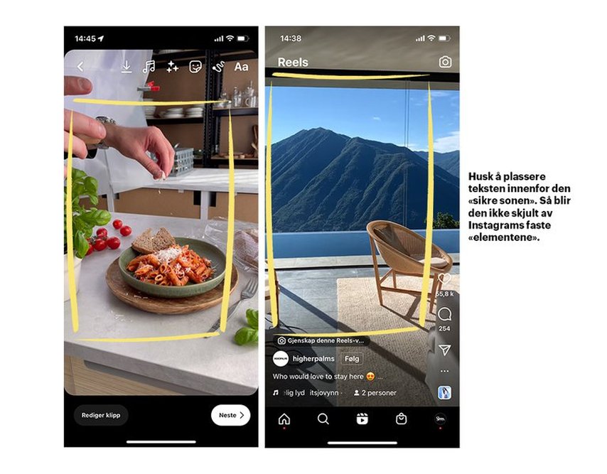 En bommert mange gjør, er å plassere teksten for langt opp eller ned. Da blir den skjult av Instagrams faste «elementer», og derfor vanskelig å lese.