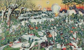 German propaganda lithograph showing the nine-day winter battle on the Masurian Lakes from 8 to 16 February 1915.