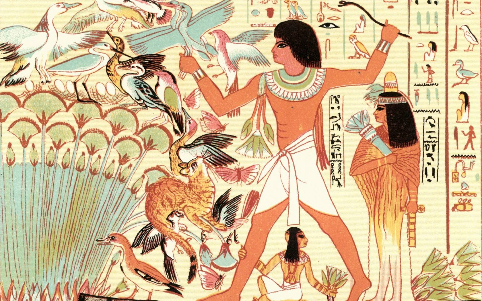 An engraving of Ancient Egyptians hunting birds.