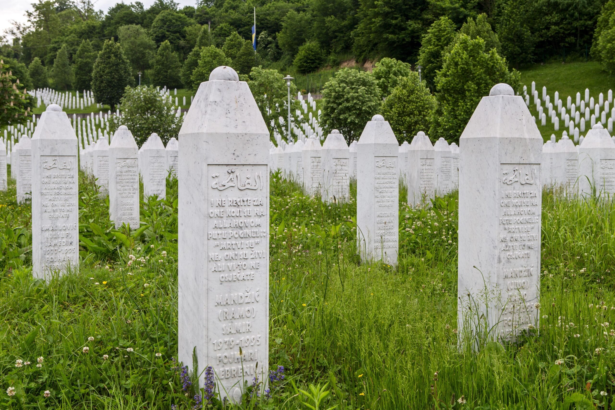 Tomb stones in the Srebrenica Massacre Memorial and Cemetery for the victims of the Bosnian Genocide.