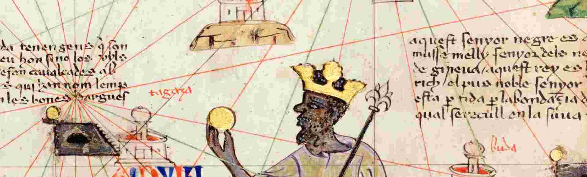 Detail from a Catalan Atlas showing a Map of the Western Sahara and Mansa Musa (1280-1337), ninth ruler of the Mali Empire (circa 1312-1337), map by Abraham Cresques, 1375.