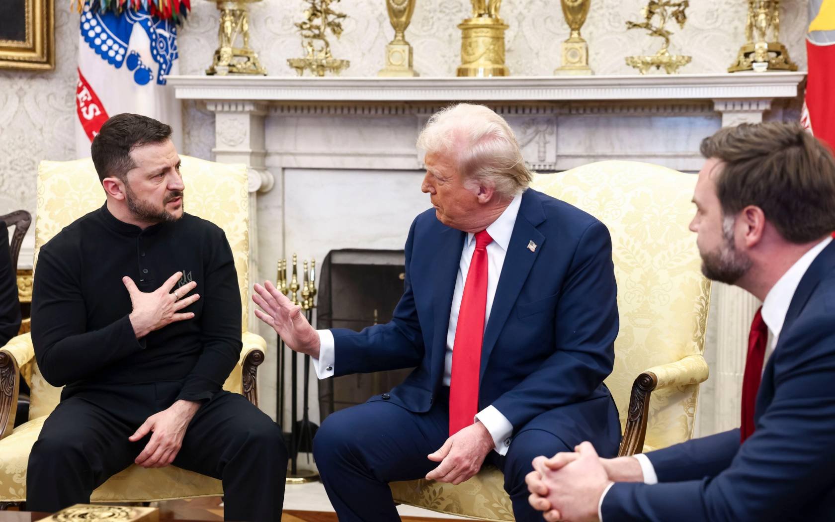 Ukrainian President Volodymyr Zelensky with US President Donald Trump and US Vice President JD Vance in the Oval Office of the White House.