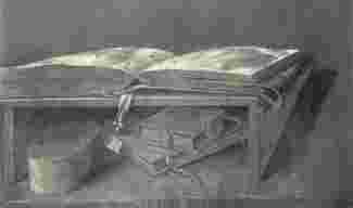 Albrecht Dürer depicts a lectern with books arranged on it.