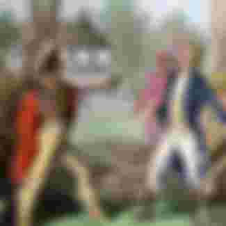 Shawnee chief Tecumseh confronting William Henry Harrison in Indiana.