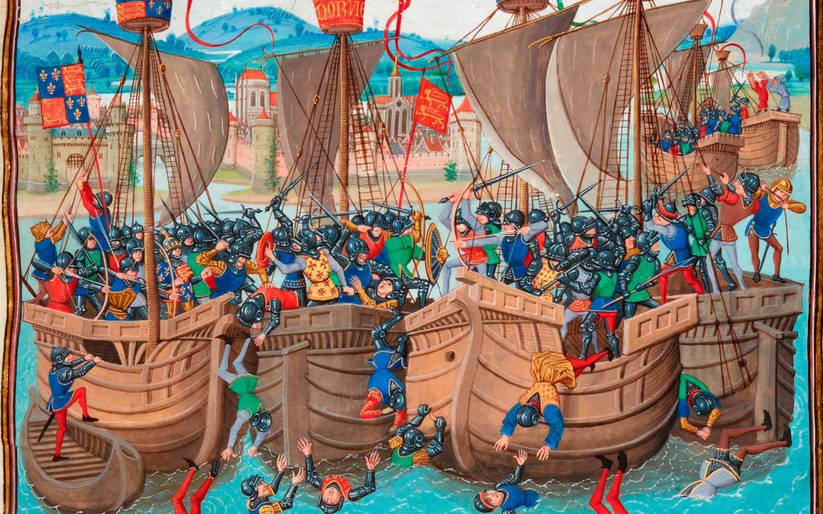 The Battle of Sluys (1340) depicted in a 15th-century manuscript of Jean Froissart's chronicles.