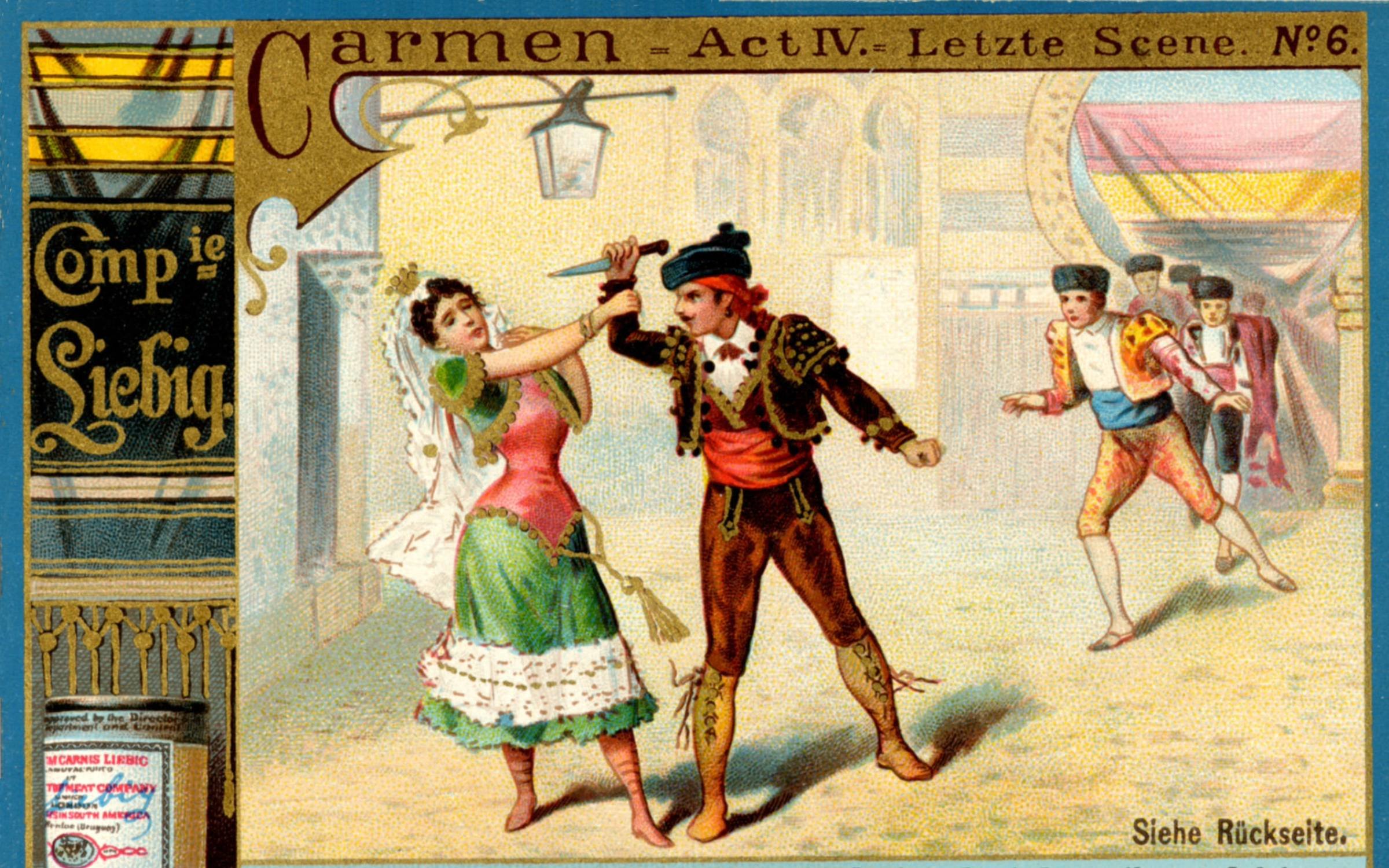 A scene from Bizet's 'Carmen' illustrated in a 19th-century advertisement.