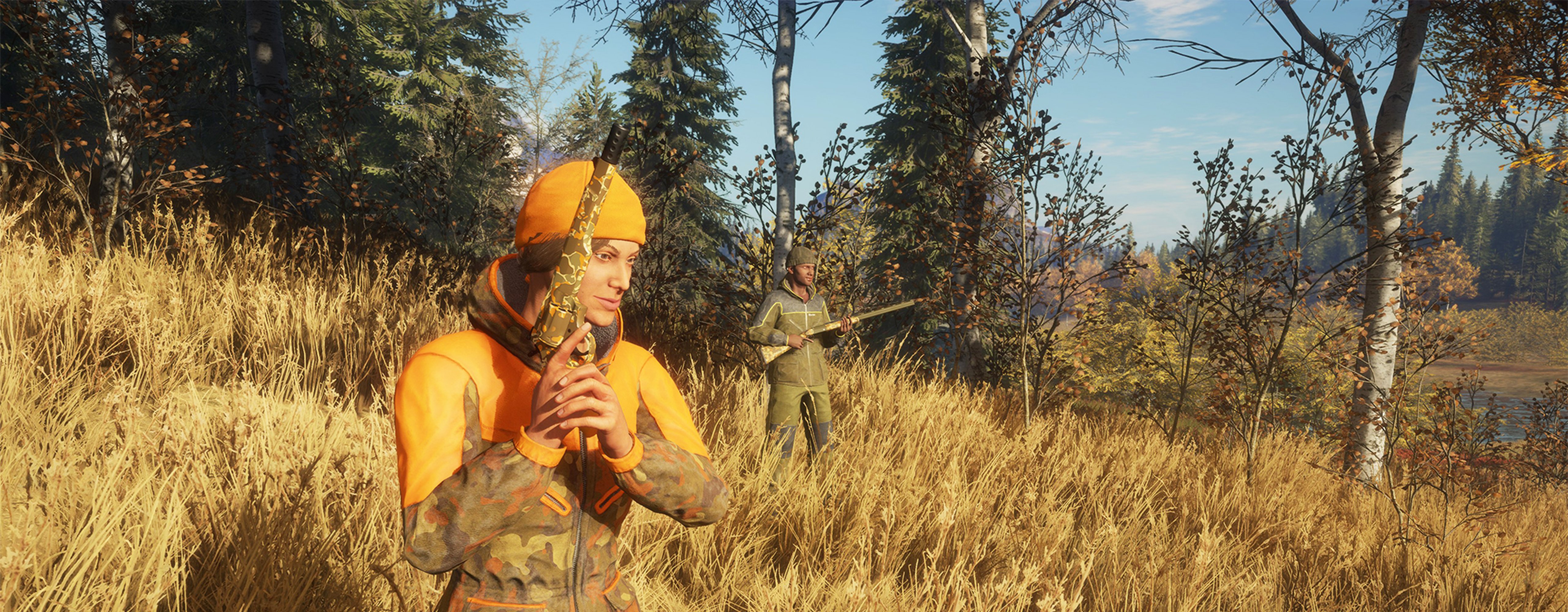 A third person multiplayer screeenshot displaying some of theHunter: Call of the Wild's premium Layton Lake Cosmetic Pack options in use.