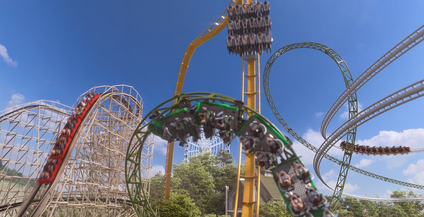 Lisebergs berg- och dalbanor Lisebergbanan, Helix, Balder och Valkyria. Foto: Liseberg