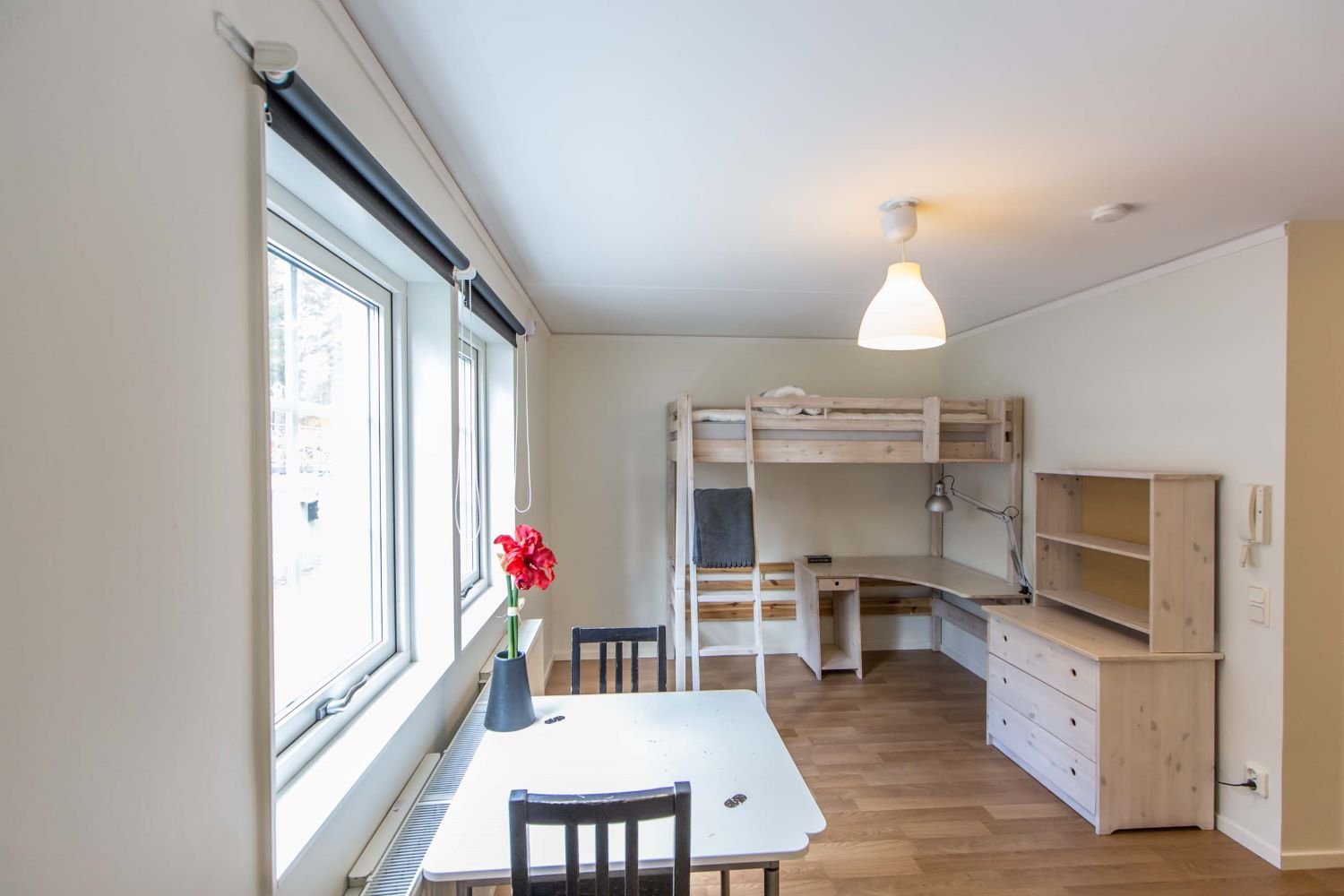Studentroom with loft bed, desk, bookshelf, table, chairs.