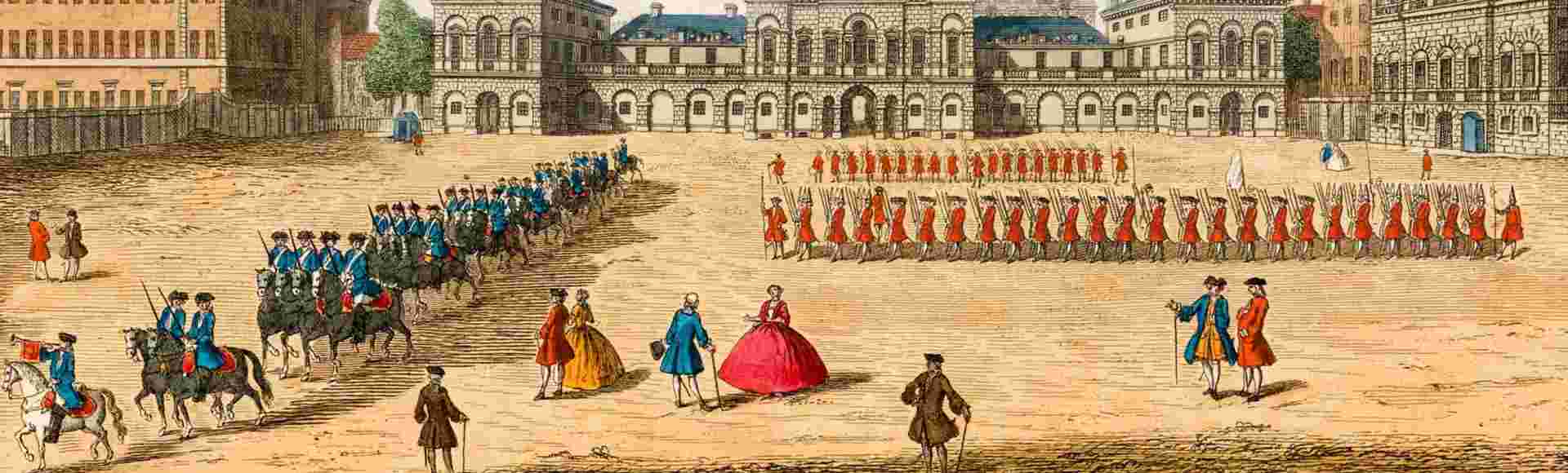 View of a military parade in Whitehall during the eighteenth century.