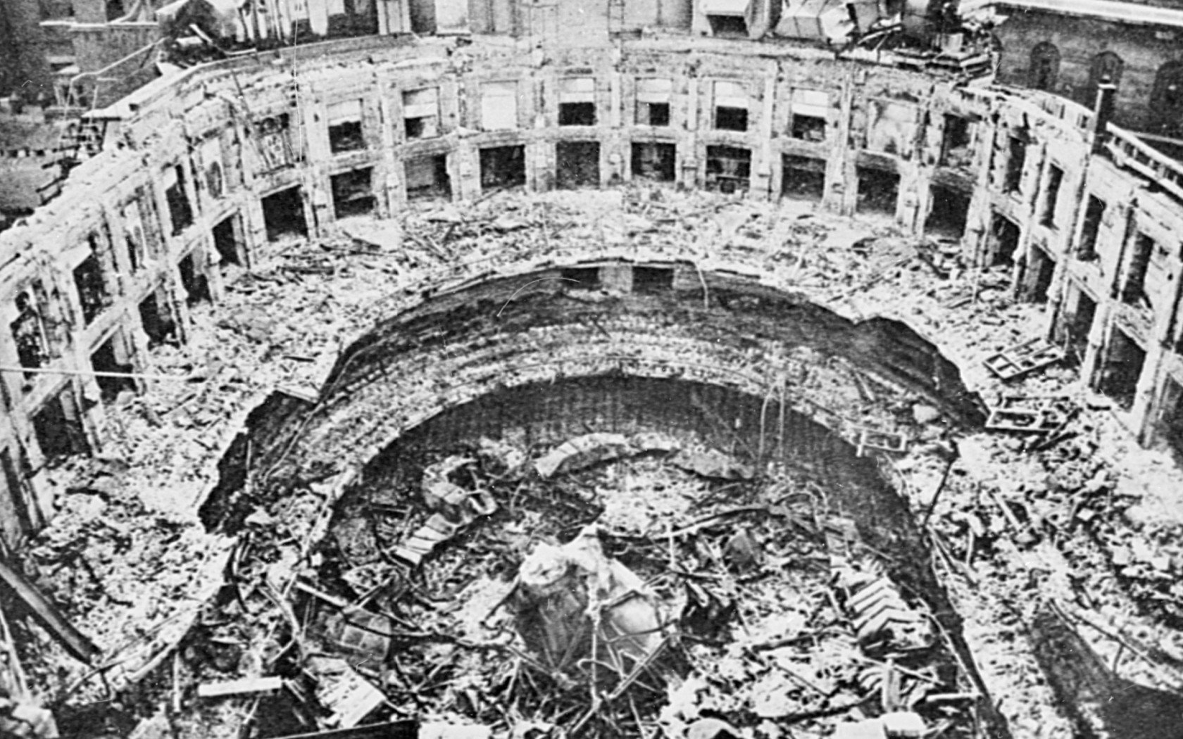 The ruins of the Queens Hall, a concert hall in Langham Place, London, following a Second World war air raid.