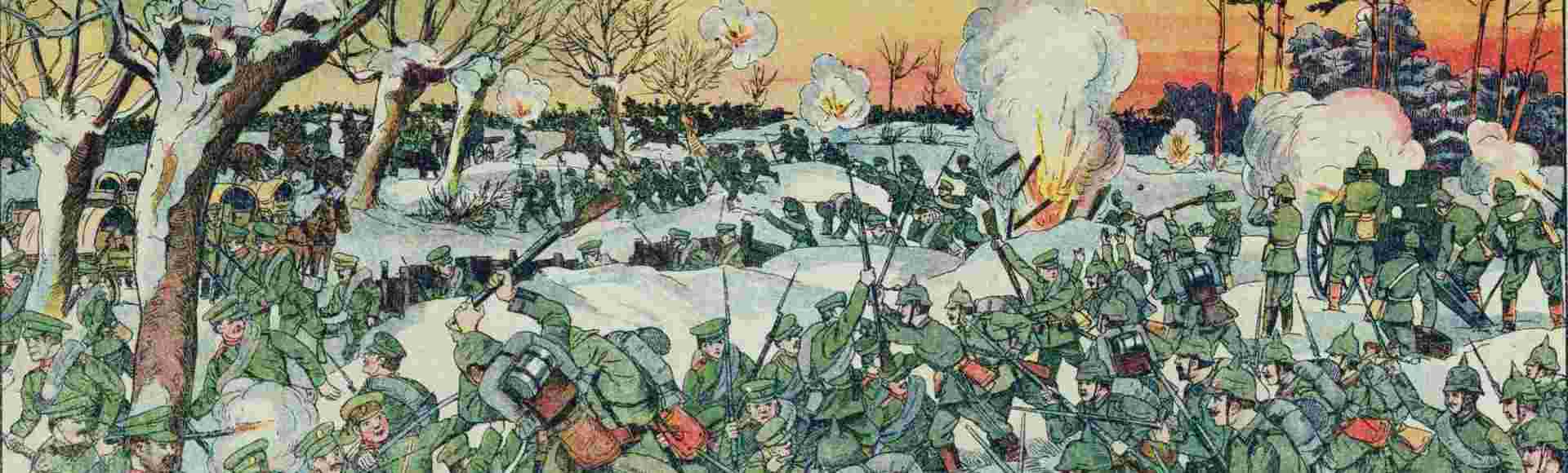 German propaganda lithograph showing the nine-day winter battle on the Masurian Lakes from 8 to 16 February 1915.