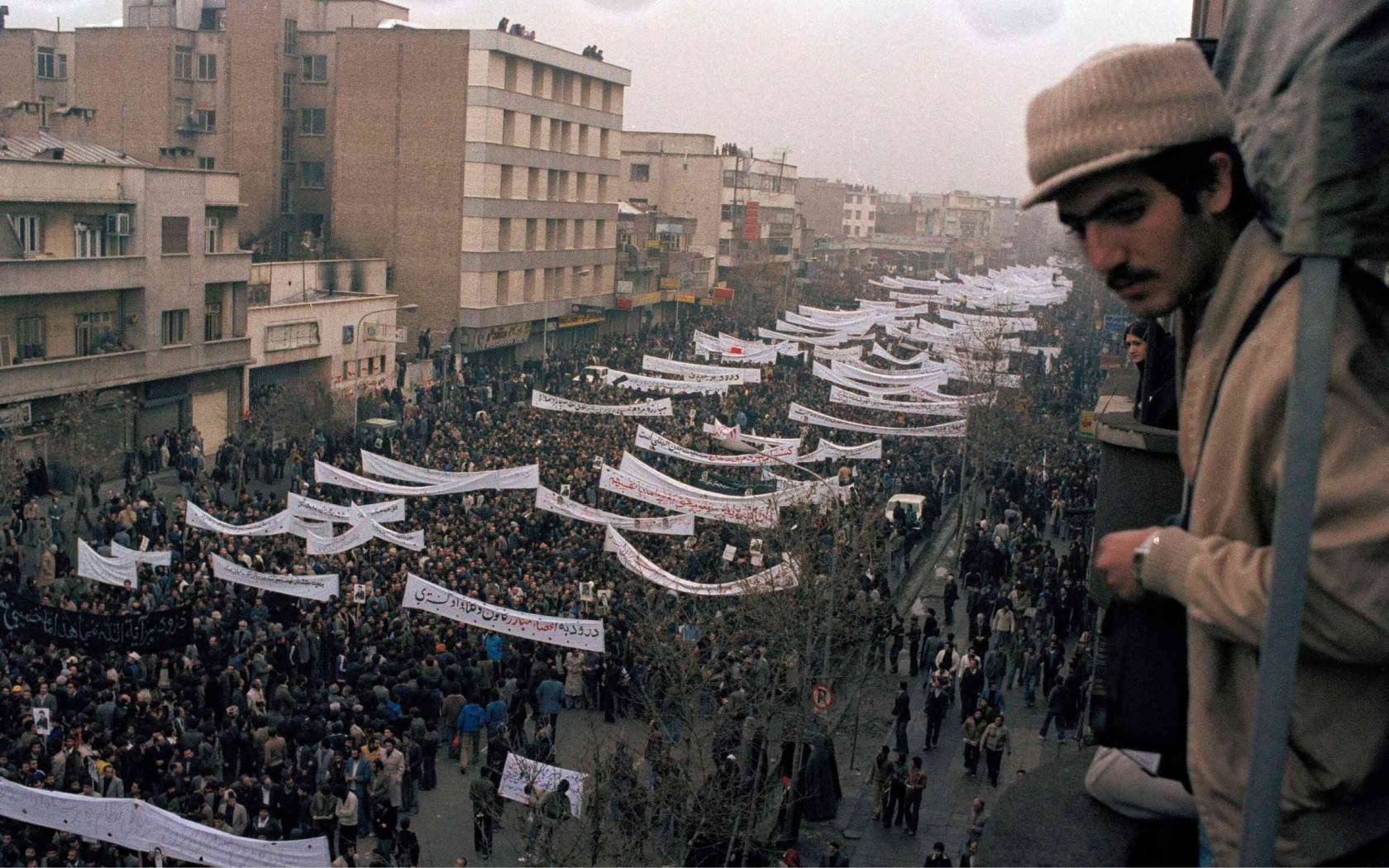 View of a massive demonstration against the Shah of Iran in downtown Tehran, 9 October 1978.