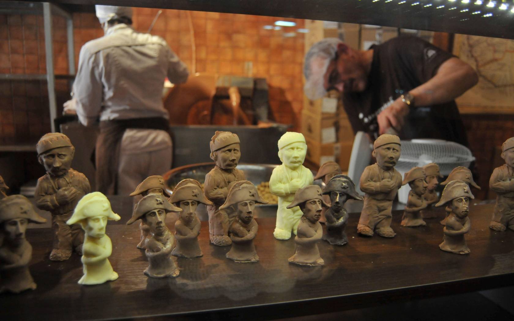 Chocolate figurines of Vladimir Putin as Napoleon in a shop in Lviv, Ukraine.