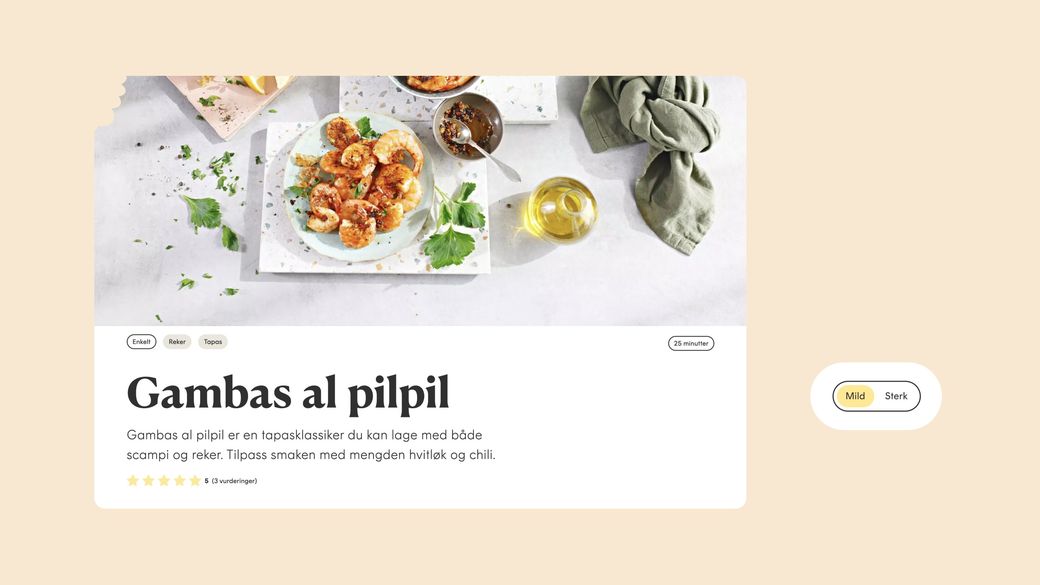 Slik kan en oppskrift på Skikkeligdiggmat.no se ut. Her er det automatisk utregning av næringsinnhold, flere brukervennlige funksjoner og god synlighet for merkevarens produkter.
