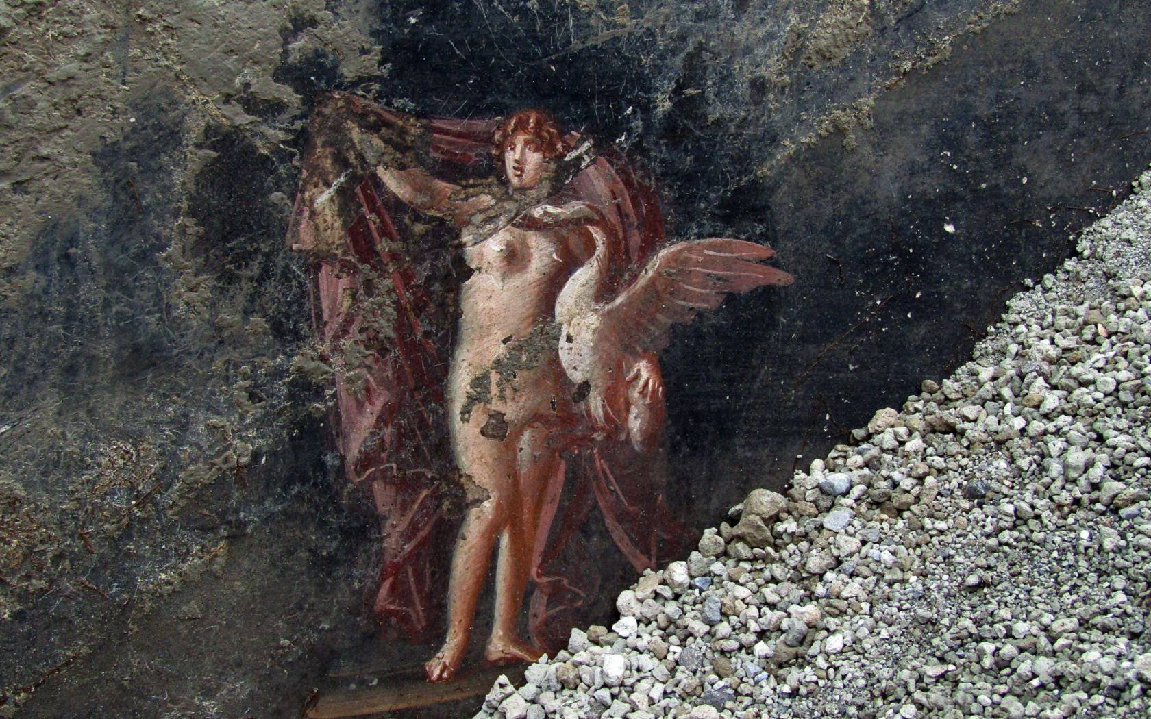 Fresco representing Jupiter's lover Leda and the swan on a wall of a spectacular banqueting room with elegant black walls, recently brought to light during the excavations currently underway at Pompeii.