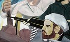 A large billboard with Iranian propaganda regarding the Israeli-Palestinian conflict.