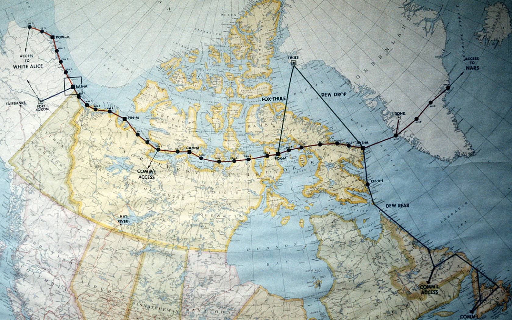 A map of North America near the Arctic Circle showing thirty radar sites spread out along the Distant Early Warning (DEW) Line.
