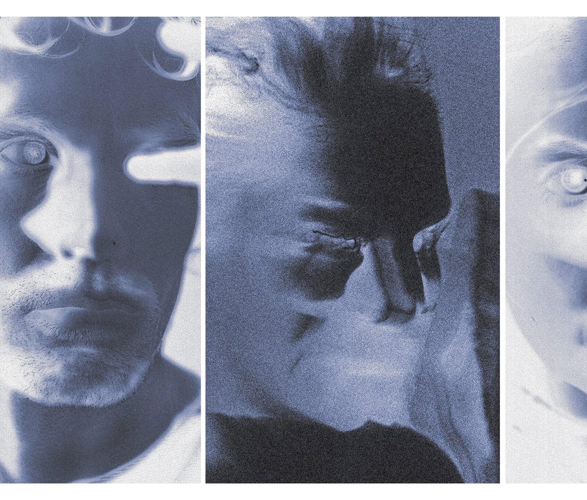 Tredelad bildserie i blåtoner som visar närbilder av ett ansikte i olika vinklar med experimentellt ljus och oskarpa rörelser.