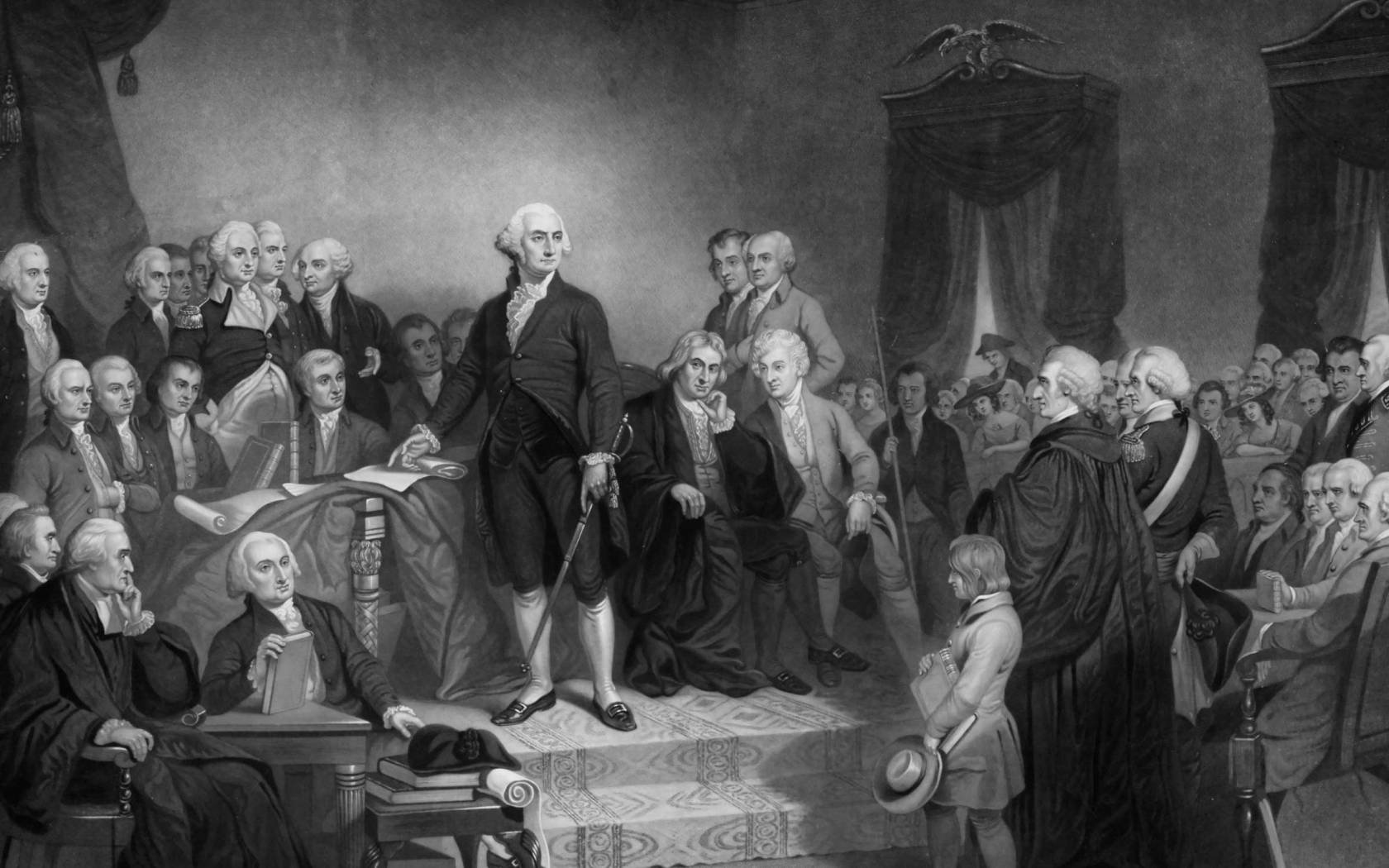 Washington delivering his inaugural address April 1789, in the old city hall, New York City.