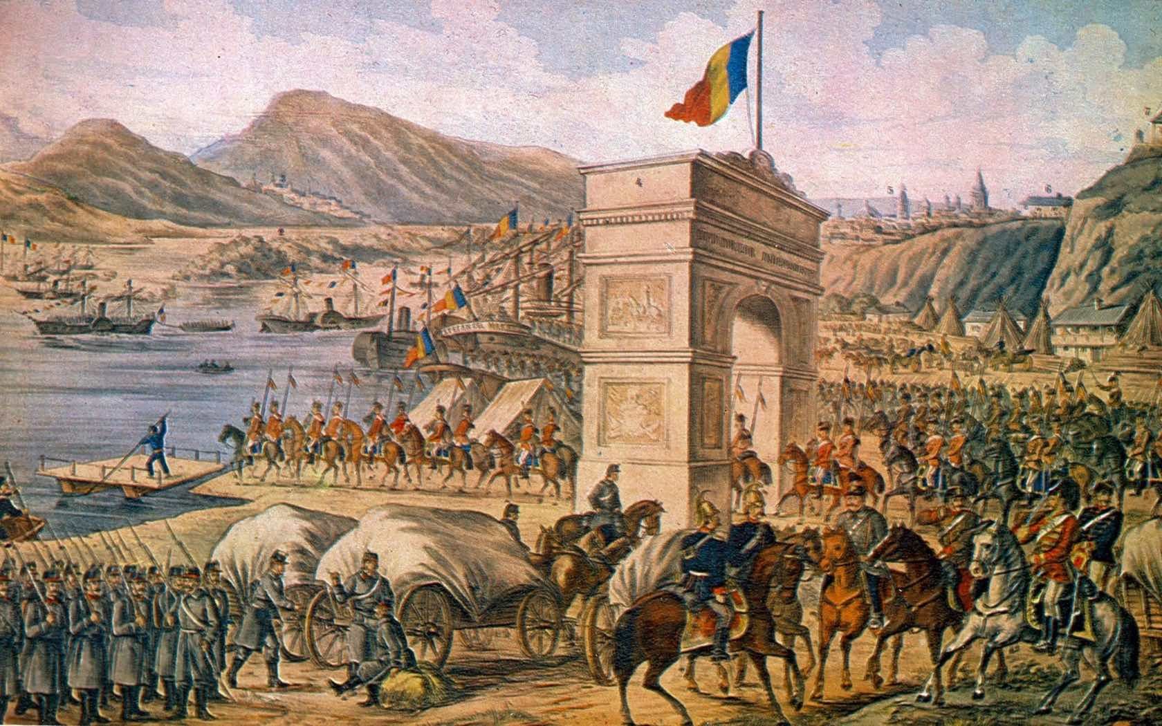 Painting of the Romanian Army crossing the Danube to enter Dobrogea in 1878 by Henryk Dembitzky. Credit: The Picture Art Collection